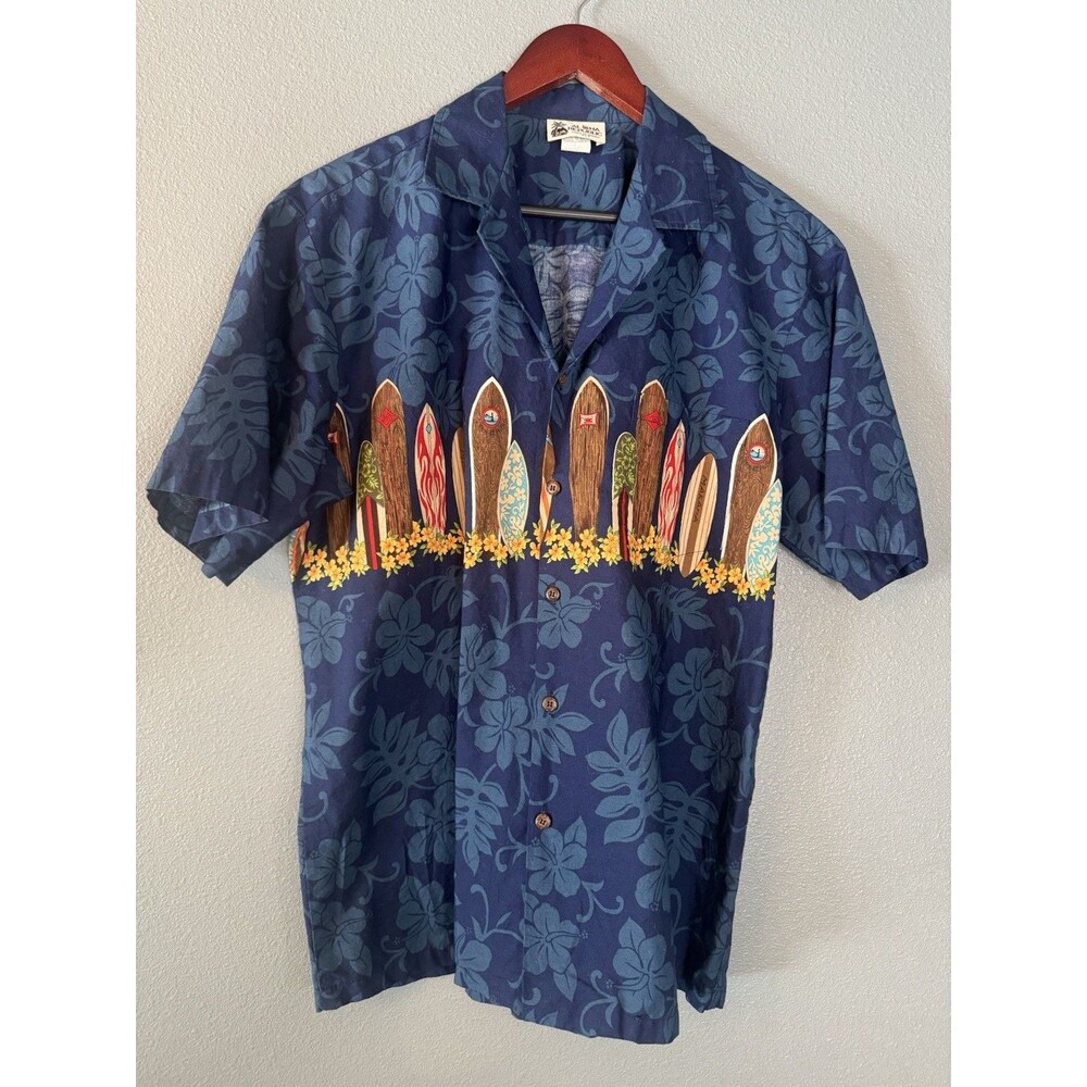Aloha Republic Hawaiian Shirt Men’s L Blue Surfboard Border Print Made In Hawaii